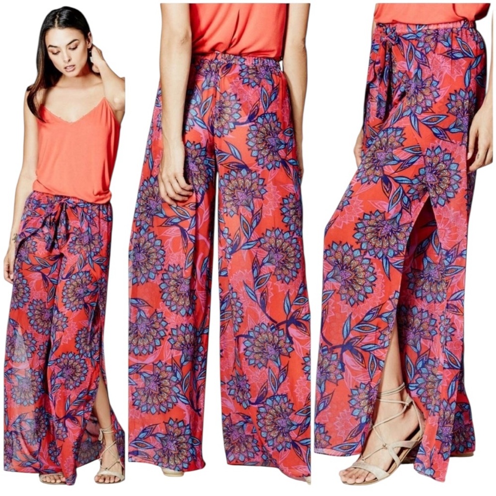 Marciano Guess Castaway Sheer Red Floral Wide-Leg Split Swim Palazzo Pants S